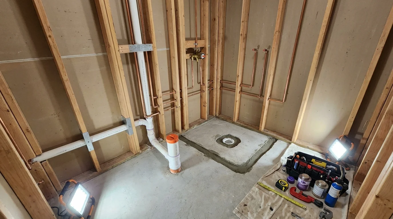 Bathroom rough-in plumbing during remodel by Johns Plumbing LLC in Crystal Falls
