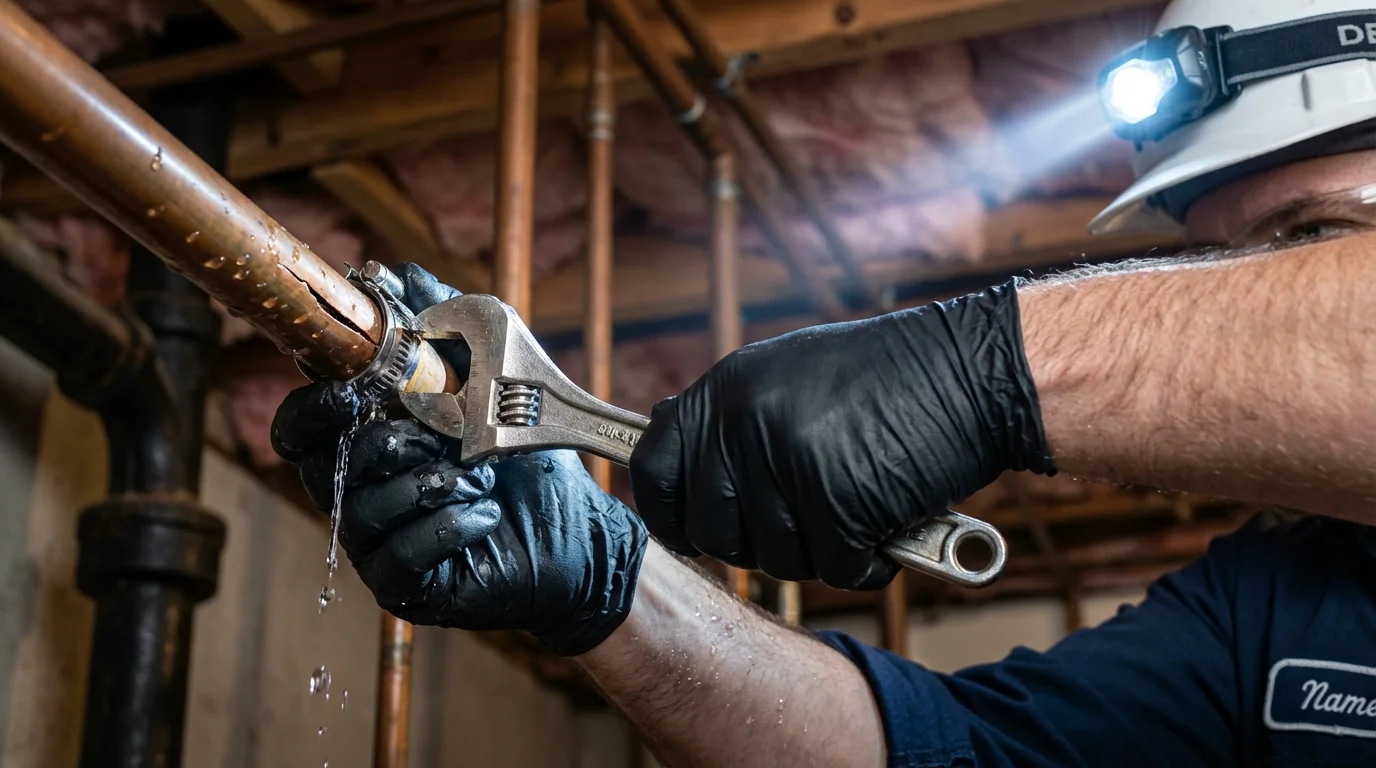 Emergency pipe clamp repair being performed by a Johns Plumbing LLC plumber in Crystal Falls