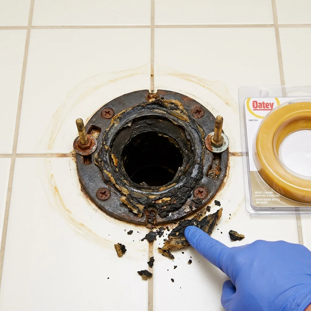 Failed wax ring showing water seepage at the base of a toilet in a Crystal Falls, MI home
