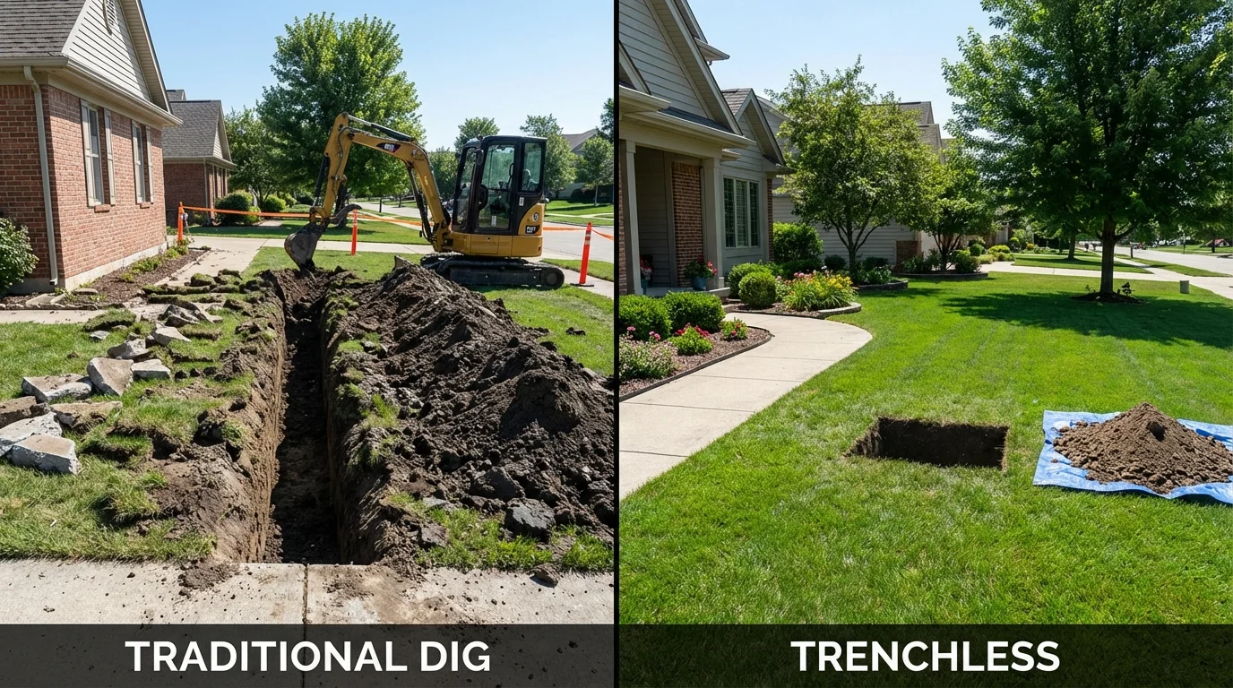 Trenchless sewer repair with minimal yard damage versus traditional excavation in Crystal Falls, MI